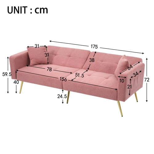 Modern bäddsoffa med sängfunktion – justerbart ryggstöd, ben i guldmetall & praktiska sidofickor Pink
