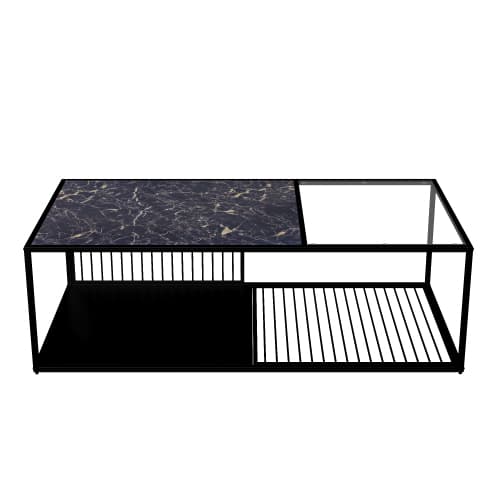 soffbord, smidesjärnssoffbord med glas, stort förvaringsutrymme Black