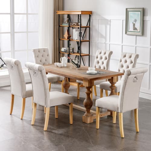 Set med 6 matstolar med ben i ek, knapp, kromad dörrknackare Sovrumsstol Köksstol Vardagsrum Fåtölj, Beige Beige