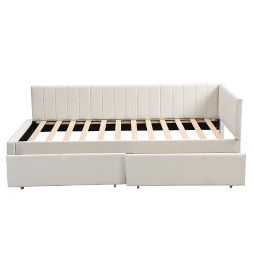 Soffa säng 90x200 cm - multifunktionell säng med 2 lådor & sängbord (sömmaterial) Beige
