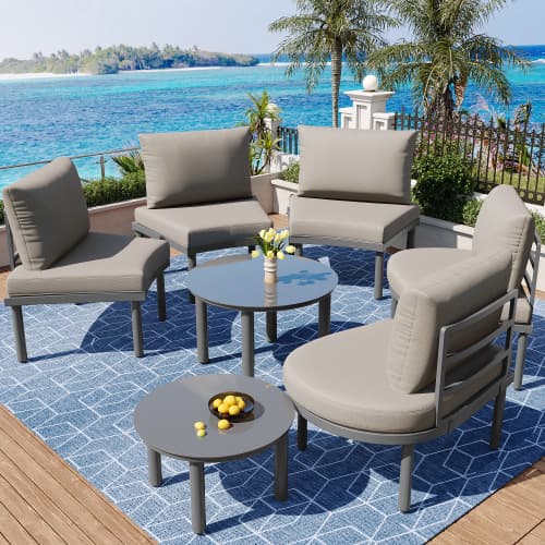 Modern 5-sits trädgårdsmöbelset med glasbord – elegant loungeset i grått Grey