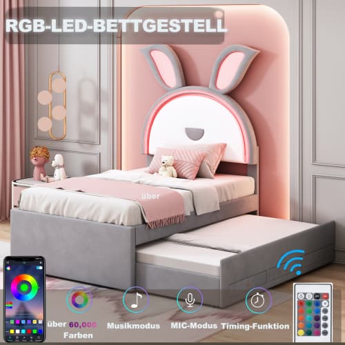 Barnsäng med klädsel 90x200 cm grå | multifunktion som bäddsoffa & utdragssäng | sammet med LED-ljus Grey