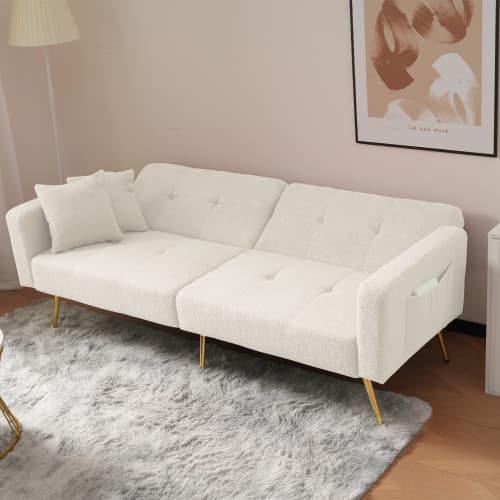 Premium bäddsoffa med sängfunktion – 180x90 cm, justerbart ryggstöd, ben i guldmetall, inkl. kuddar & sidofickor White