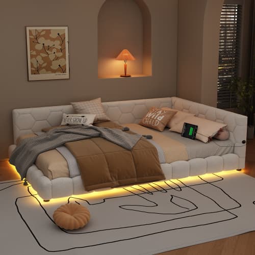 Vit säng 140x200 cm med LED-belysning & USB-anslutningar | Vliesimitat White