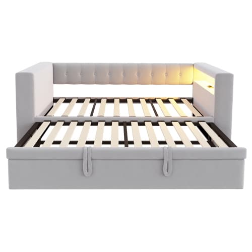 Multifunktionel seng med LED-belysning og stikkontakter, polstret seng 90/180x190cm med opbevaringsplads, sovesofa, lysegrå Light Gray