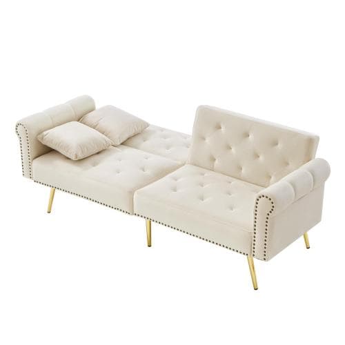 Modern 2-sits bäddsoffa med sammetsöverdrag – 3-vägs justerbart ryggstöd & gyllene metallfötter Beige