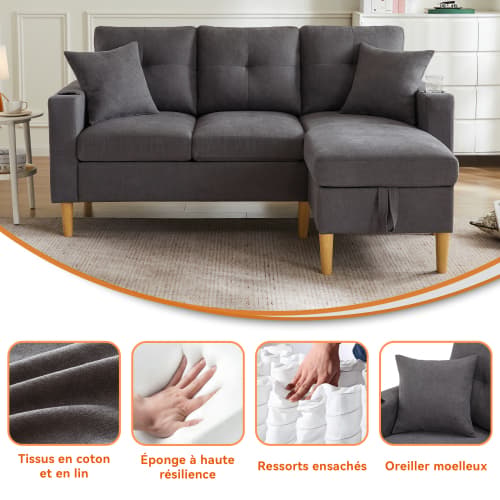 Premium L-Soffa med schäslong – modern 3-sits med förvaring & dryckeshållare – inkl. 2 kuddar för vardagsrum & hemmakontor Dark Gray