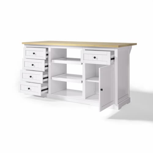 Multifunktionel køkkenø med stikkontakter, 150 cm skænk med 5 skuffer og nedfældelig top, hvid White