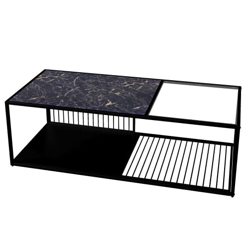 soffbord, smidesjärnssoffbord med glas, stort förvaringsutrymme Black