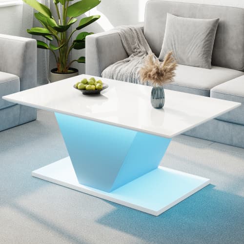 LED Soffbord i V-form, Högglans Vit, Modernt Sidobord för Vardagsrum, Utrymmesbesparande 100x50x46 cm White