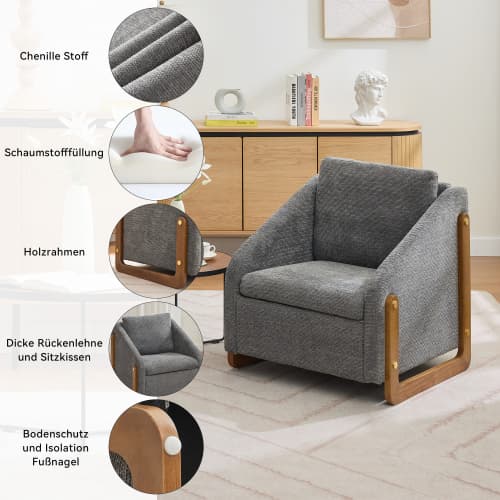 Modern loungestol tillverkad av grått chenillematerial med armstöd & kuddar i trä - accentstol för vardagsrum Gray