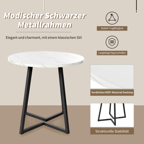 Modernt runt matbord med marmor och metallram – elegant design i vitt/svart (diameter 80 cm) White+Black
