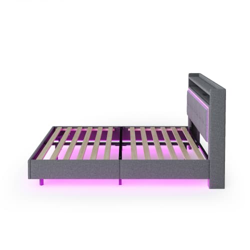Dubbelsäng 160×200 cm med USB & LED-belysning | linnegrå | platt sängdesign Gray