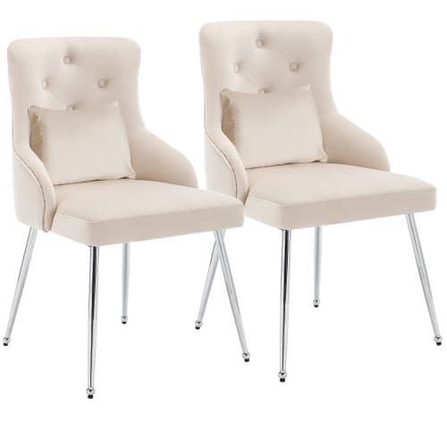 2-set matstolar med knappmönster, klädd stol, stolar med metallben Beige