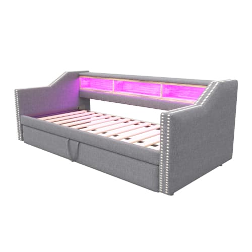 Modern bäddsoffa ljusgrå - 90/180x190 cm med LED, USB & förvaringsutrymme (utdragbar, sängbord inkl.) Light Gray