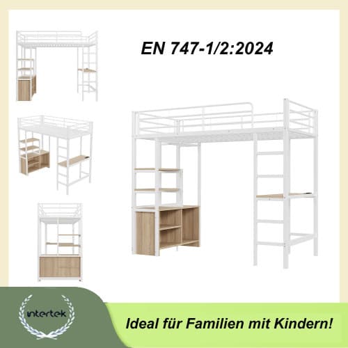 Vit hög säng 90x200 cm med skrivbord & förvaring | Järnram White