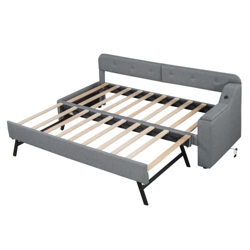 Grå linnesäng 90x200 cm med utdragbar säng & USB | Modern multifunktionell lösning Gray