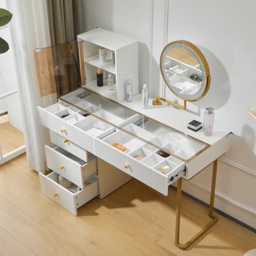 Elegant sminkbord med LED-belysning, härdat glas, inklusive skåp, modernt set, vit White