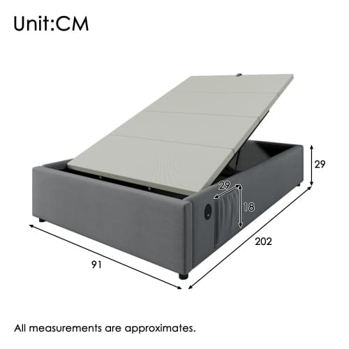 Enkelsäng 90×200 cm, sängram med USB-C och komplett sängram, utan sänggavel, bomull, grå Grey