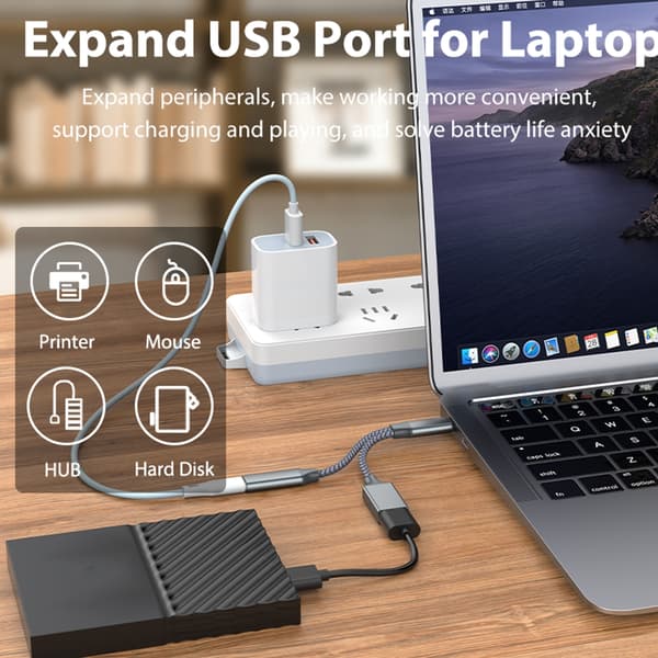 USB C OTG-adapter med hurtigopladning PD10W 2-i-1 USB C-splitter til bærbar computer Grey