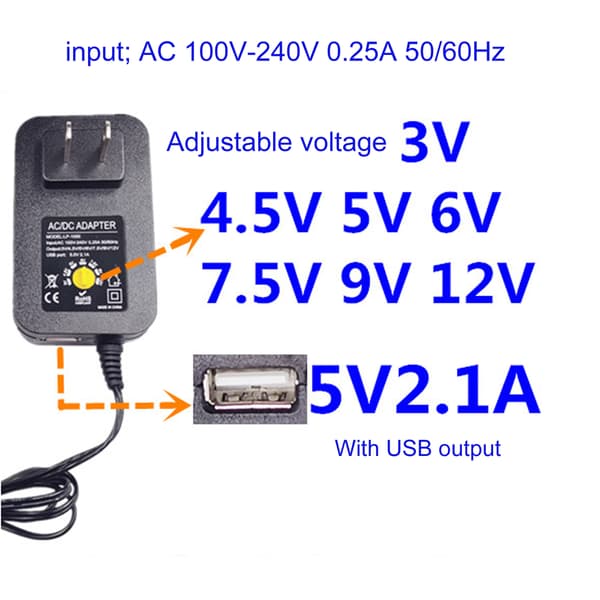 AA-valeparisto 3V-12V säädettävä AC-DC-adapteri USB-ulostulolla sähkölaitteille EU