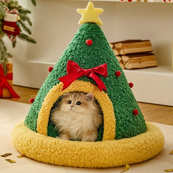 Vinter kæledyrsseng jule design varm plys katte hundehus til julepynt null - Christmas tree trian S