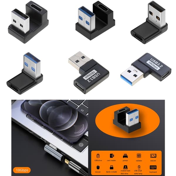 USB 3.0 Han til Type C Hun Adapter Stik USB 3.0 Header 90 Grader Op Ned Middle curved front