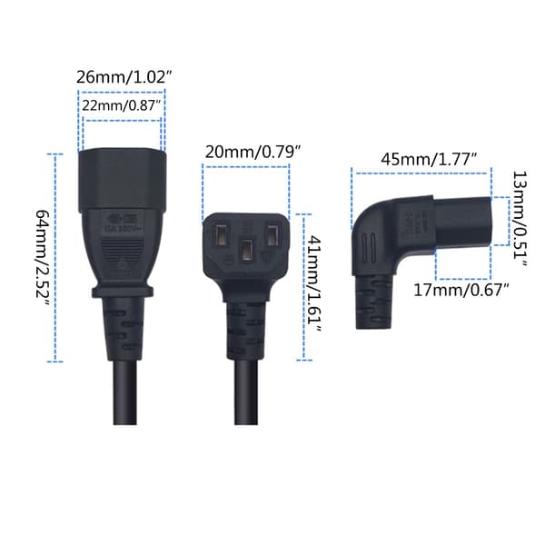 10 cm 3-benet IEC320 C14 hanstik til C13 hun albue strømkabel til riskoger