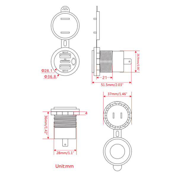 Rask lading USB billader PD QC3.0 strømadapter for mobiltelefon GPS-vifte Red Light