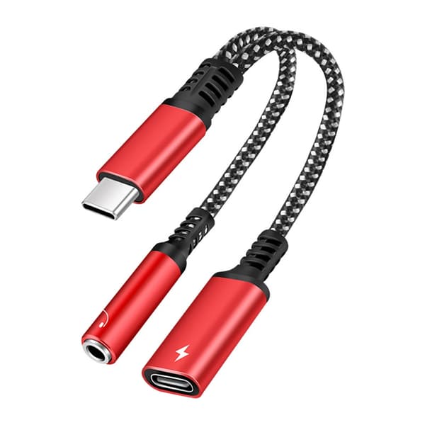 Rask lading og lydadapterkabel for S20+ 2-i-1 USB Type C til 3,5 mm adapter Red