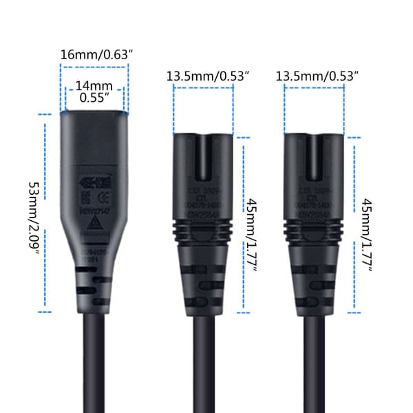 C8 til 2 C7 IEC320 2-pinners figur 8 hann til 2 hunn Y-delt strømkabel