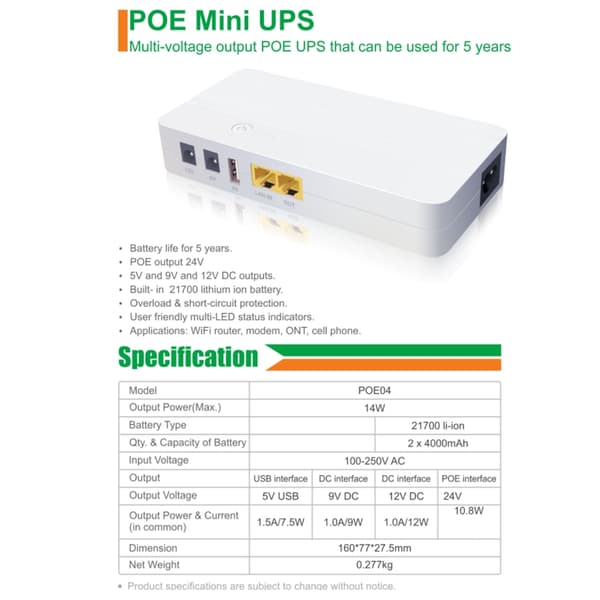 Multifunktionel Mini UPS Batteribackup Standby Uafbrydelig Strømforsyning POE24V EU