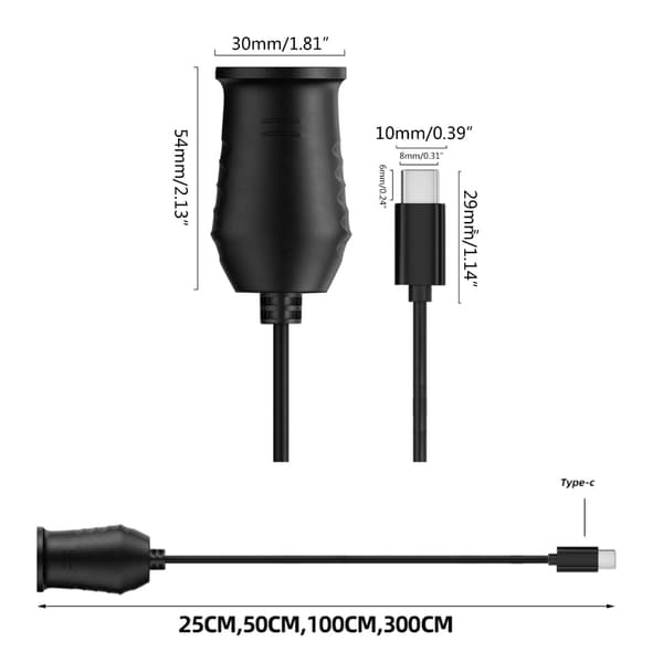 Bilkonverteradaptercontroller USB C han til 12V cigarettænderstik 25cm