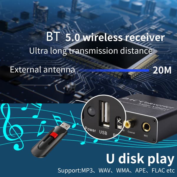 DAC lydkonvertering med Bluetooth-kompatibel 5.0 mottakerforsterker lyd DAC dekoderadapter mottakerforsterker U-disk