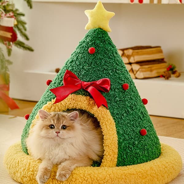 Vinter kæledyrsseng jule design varm plys katte hundehus til julepynt null - Christmas tree trian M
