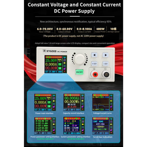DC-virtalähde 60V 8A 480W alennusmoduuli LCD-näytöllä Vakiojännite/virta Huoltolaite Helppo käyttö Xy6008