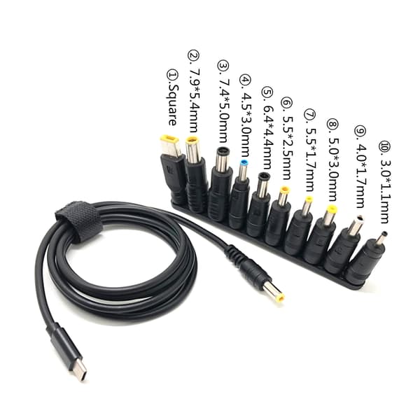 Holdbarhed USB C til DC-strømkabel med 10 stikadaptere, 150 cm kabellængde