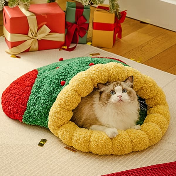 Vinter kæledyrsseng jule design varm plys katte hundehus til julepynt null - Christmas tree trian M