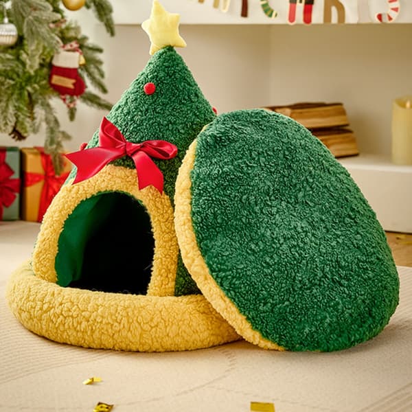 Vinter kæledyrsseng jule design varm plys katte hundehus til julepynt null - Christmas tree trian M