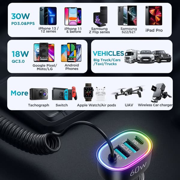 60W autolaturi PD USB Type C USB-puhelinlaturi pikalataus Type-C-kaapelilla null - TypeC Cable