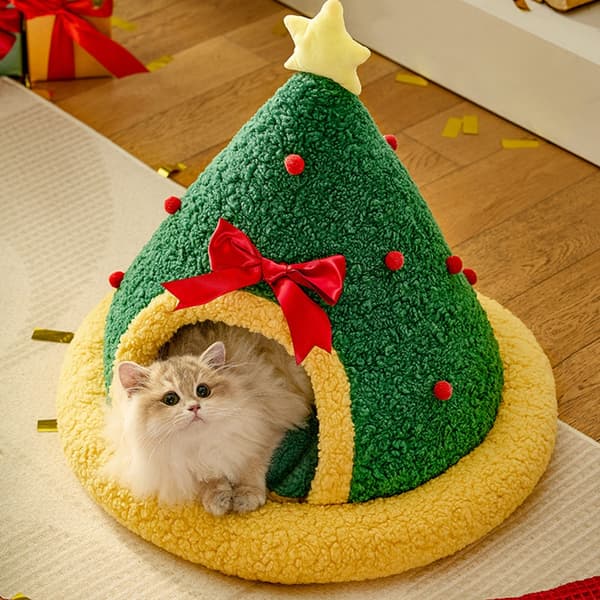 Vinter kæledyrsseng jule design varm plys katte hundehus til julepynt null - Christmas tree trian M