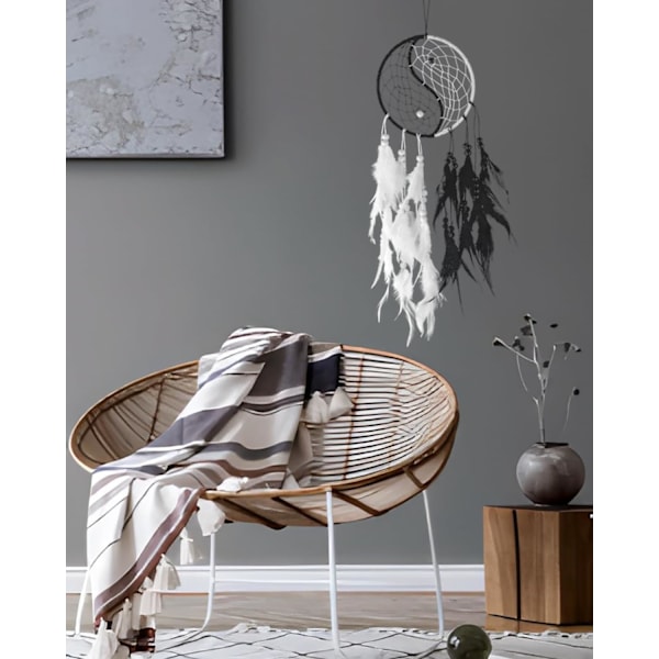 Drömfångare Handgjorda, Tai Chi Drömfångare Svart och Vit Fjäder Väggdekoration, Hem Ornament Hantverk Bilhängande Dekoration Ornament
