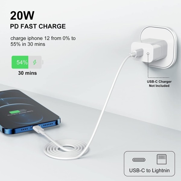 iPhone hurtiglader USB-C strømtilpasning 20W + kabel hvit