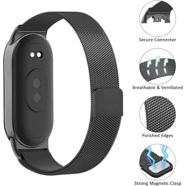 Rannekoru yhteensopiva Xiaomi 8 miesten ja naisten kanssa, metallinen rannekoru Xiaomi Mi Band 8:lle magneettisella ruostumattomasta teräksestä valmistetulla verkkorannekkeella ja vahvalla magnetismilla Black