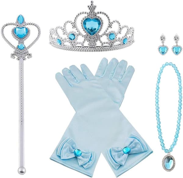 Princess Elsa kostume tilbehørssæt til børn, inkluderer fletning, tiara, handsker og tryllestav 6pcs - blue