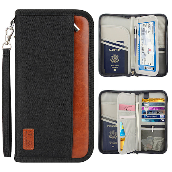 Rejsewallet (Sort), Familiepas Holder, Rejsedokument Organizer{EE}