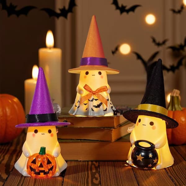 Lysende Halloween Spøgelse Harpiks Statue, Stående Havepynt med Hat til Veranda og Have, 3 Farver