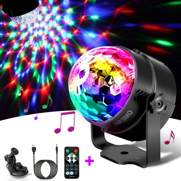 Discokugle LED-festlampe, musikstyrede discolyseffekter, discolys med USB-kabel, 360 roterbart festlys med fjernbetjening