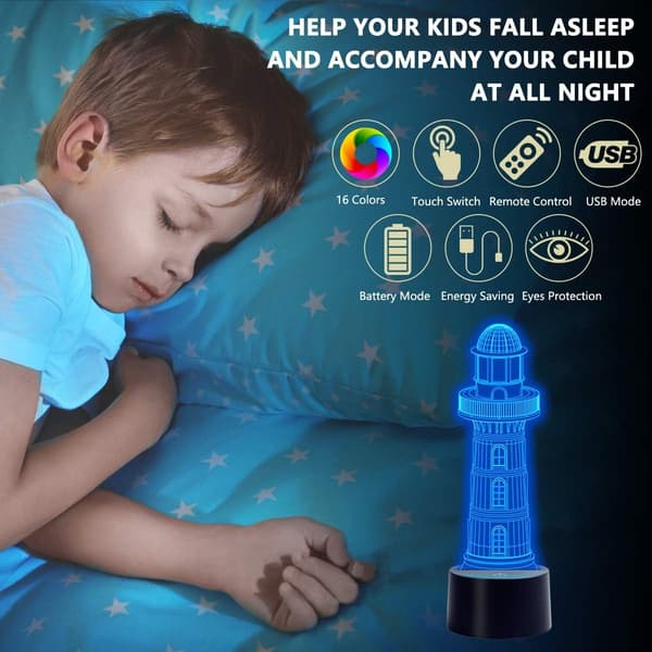 3D Optical Illusion Lighthouse Night Light, 3D Lighthouse Lamp 16 Color Variations, Smart Touch Button USB and Battery Operation, Amazing Creative Art
