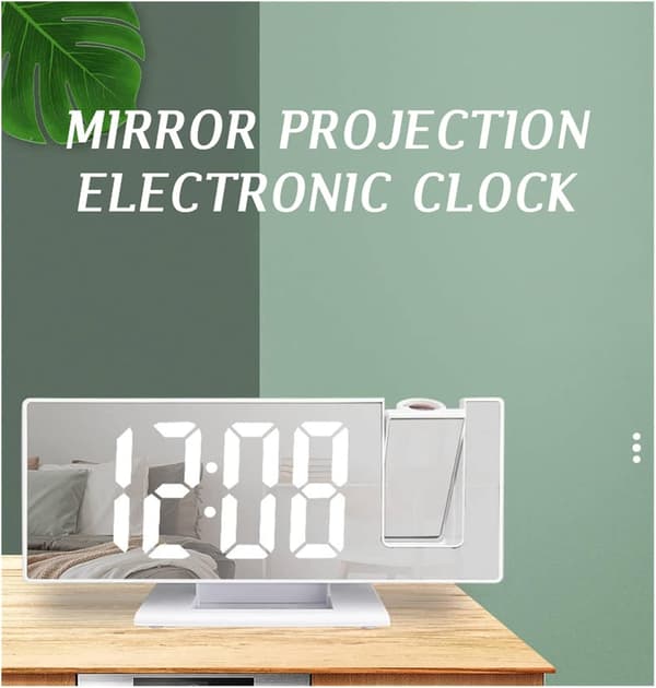 Multifunktionell Väckarklocka med Projektor, Stor Display Digital Klocka för Sovrum, Väggprojektionstid med Smart Ljus, Vit